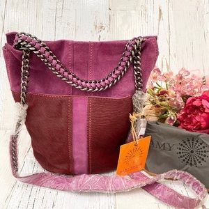Ramy Brook Two-Tone Pink & Burgundy Suede & Haircalf Bucket Bag